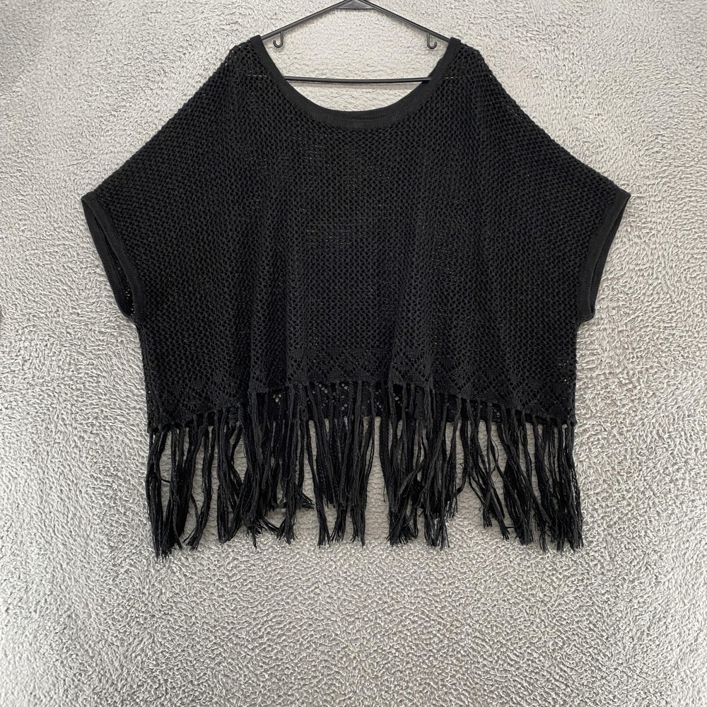 Torrid Sweater Womens 4X Black Crochet Fringe Poncho Open Knit Boho Coverup